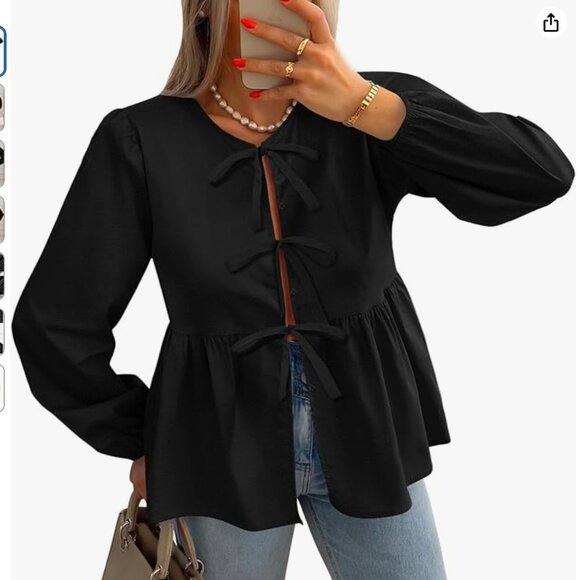 NWT Zesica Tie Front Long Puff Sleeve Button Peplum Babydoll Top XL - Picture 1 of 7